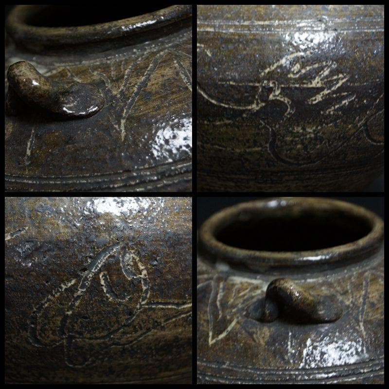 茶道具 伝世 古安南(17～18世紀）釘彫『双龍文』壺 /双耳飾壺 骨董品希少品