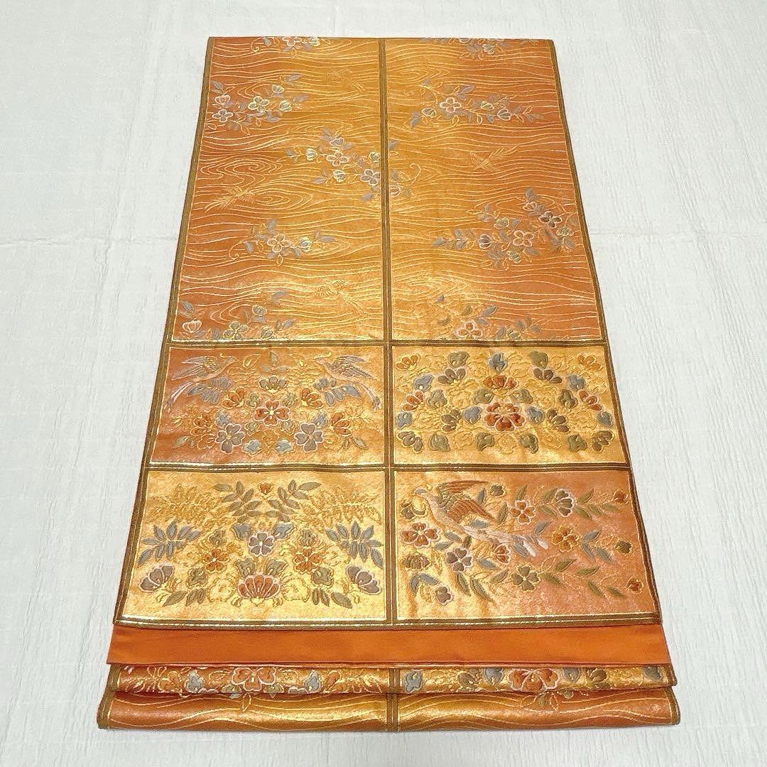 梅垣織物　袋帯　格子華文　西陣織　引箔　正絹　金糸　オレンジゴールド系　逸品