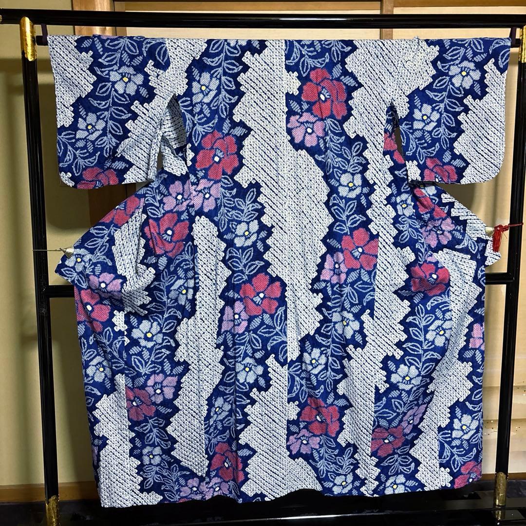 紺碧 有松鳴海絞り浴衣フルセット5点 美品 高級感◎ 裄丈長め　裄73 ゆったり