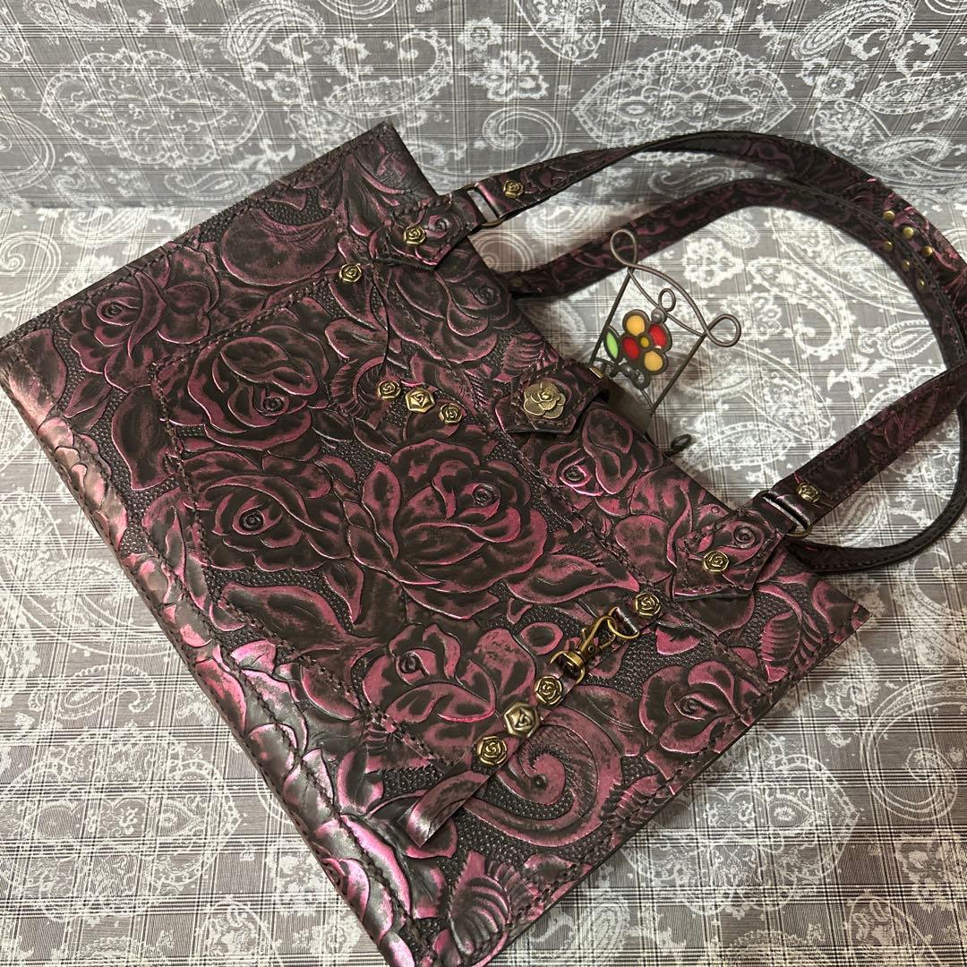 ハンドメイド♪本革薔薇トートバッグ(*^^*)ブラックキラキラピンク♪