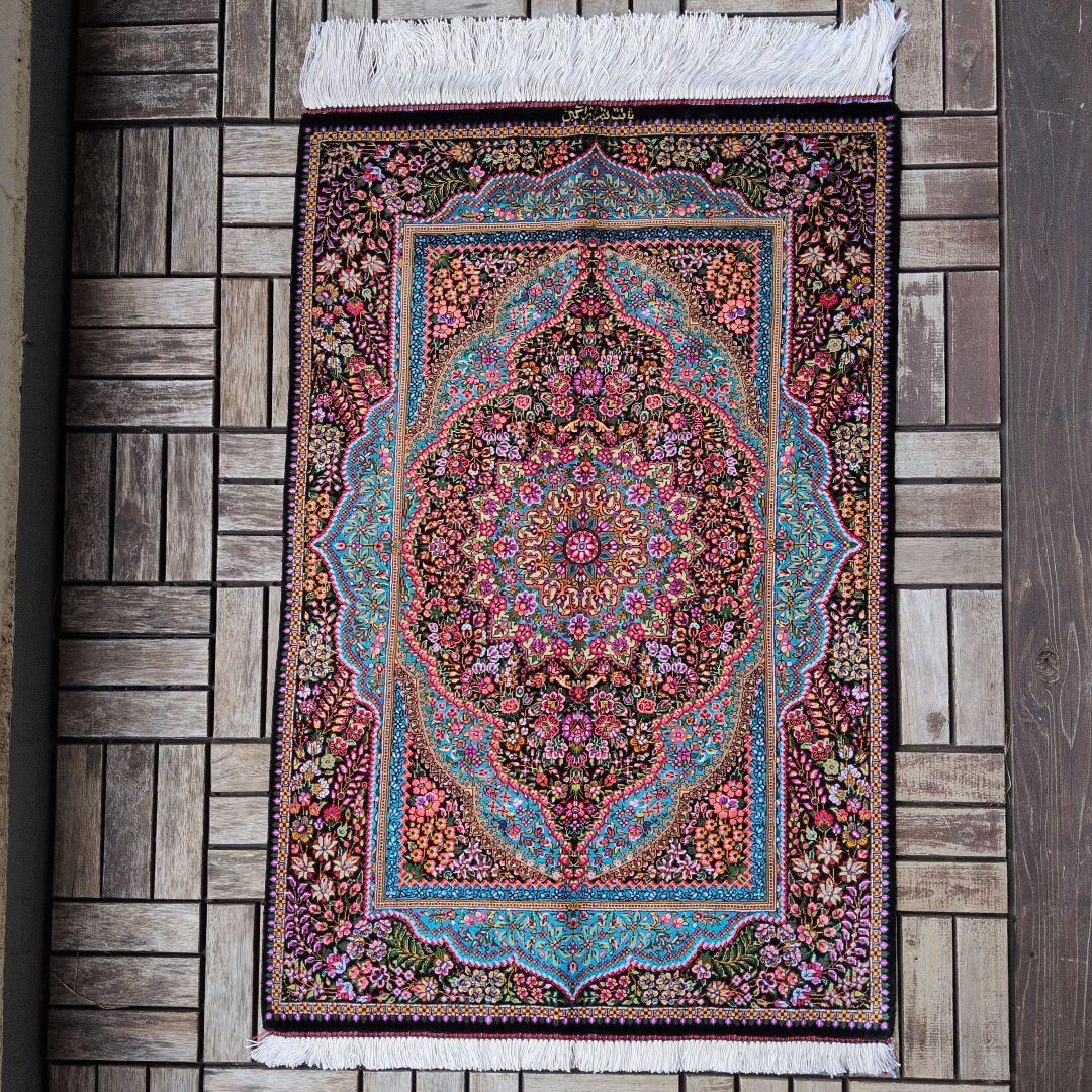 59x89cmペルシャ・クム産(29)玄関・タペストリー・絹・シルクじゅうたん