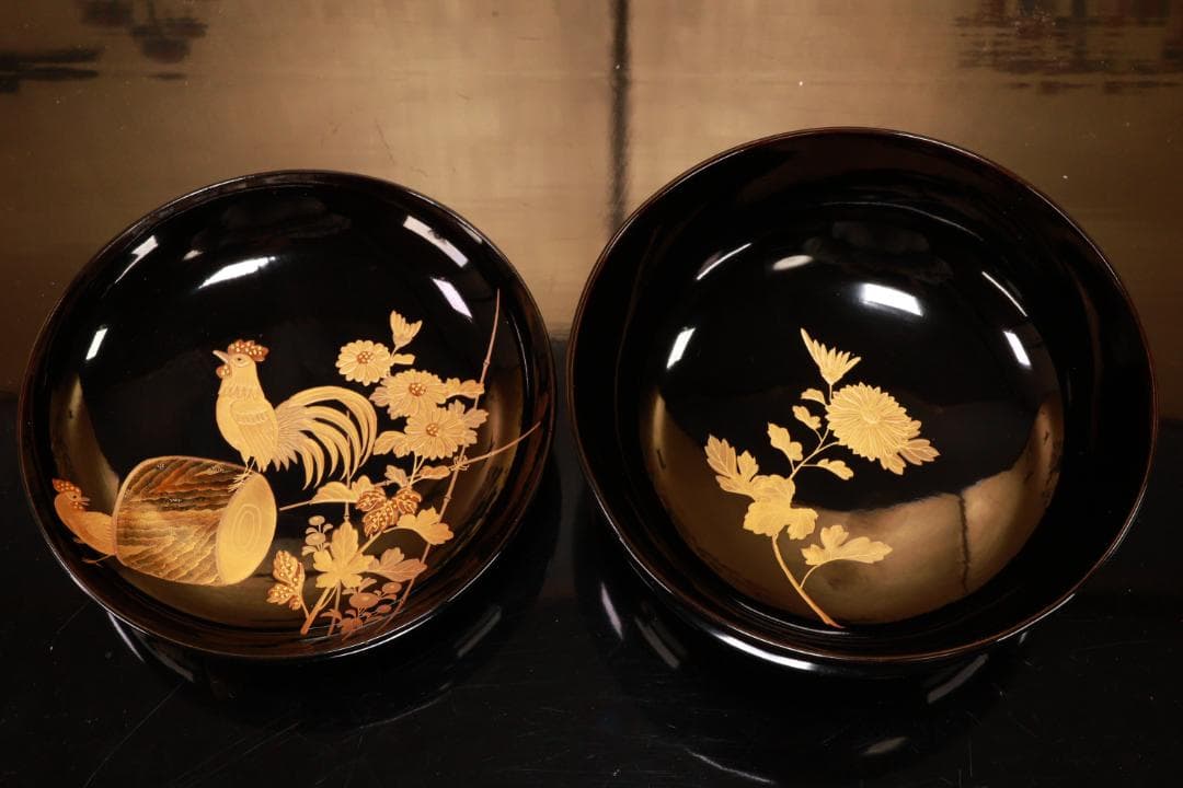 tatsuya　BJ133　時代輪島　加賀蒔絵　鶏図　吸物椀　十一客　木製