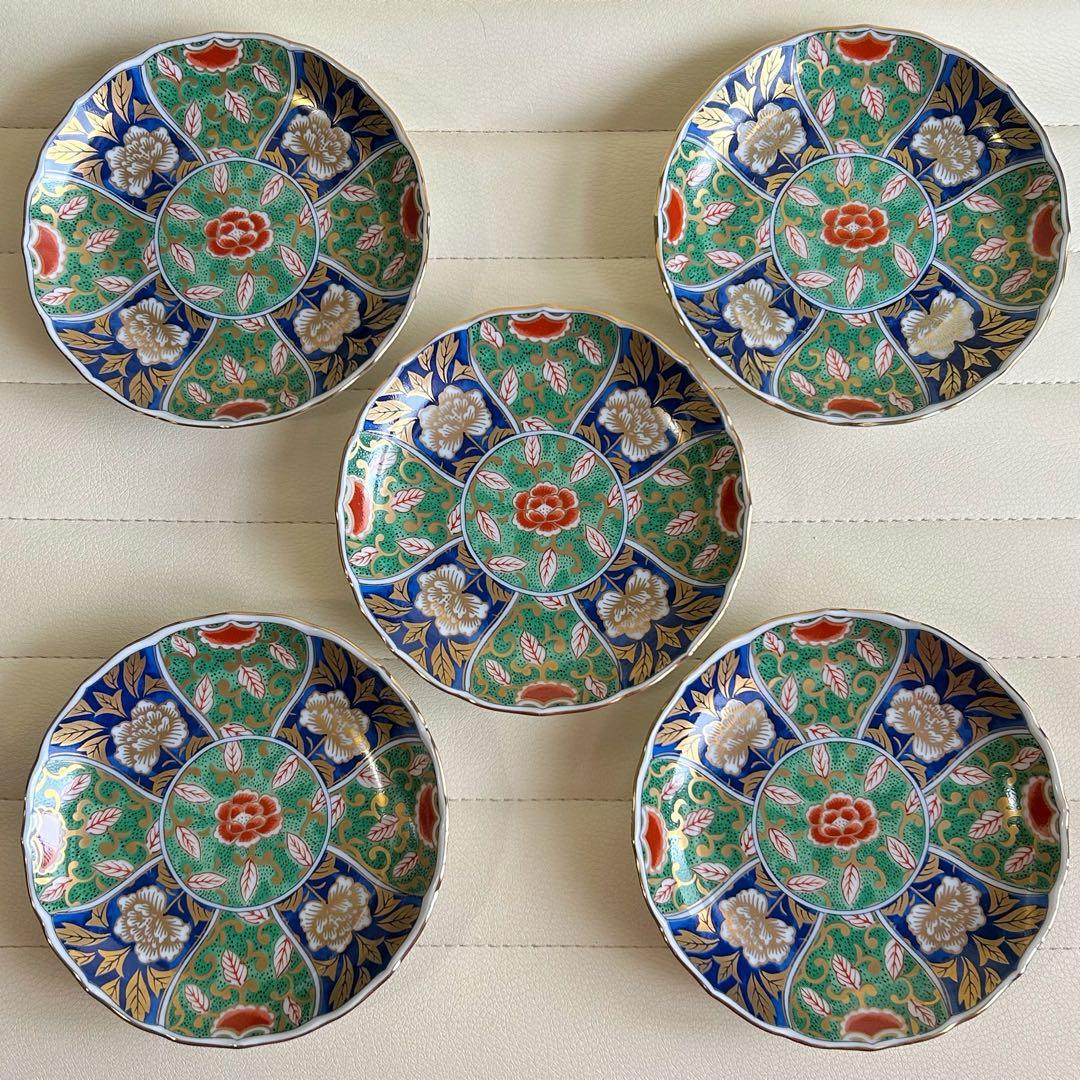 前畑　庫山窯　緑金唐草　銘々皿揃　5枚セット　取り皿　金彩色絵　金襴手　小皿