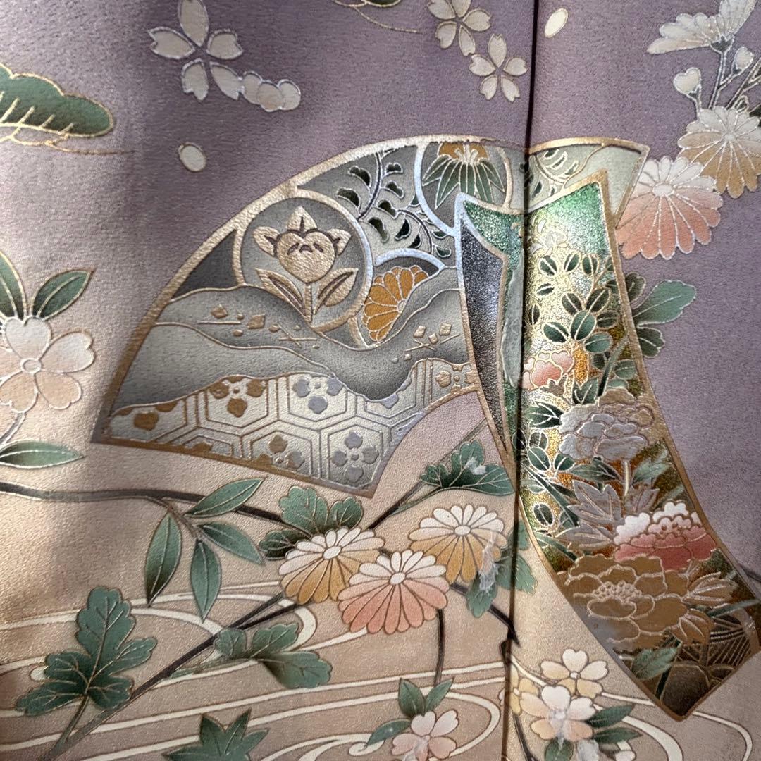 しつけ付　訪問着　広襟　正絹　袷　着物　現代　藤色　紫　薄紫　金彩　158裄64