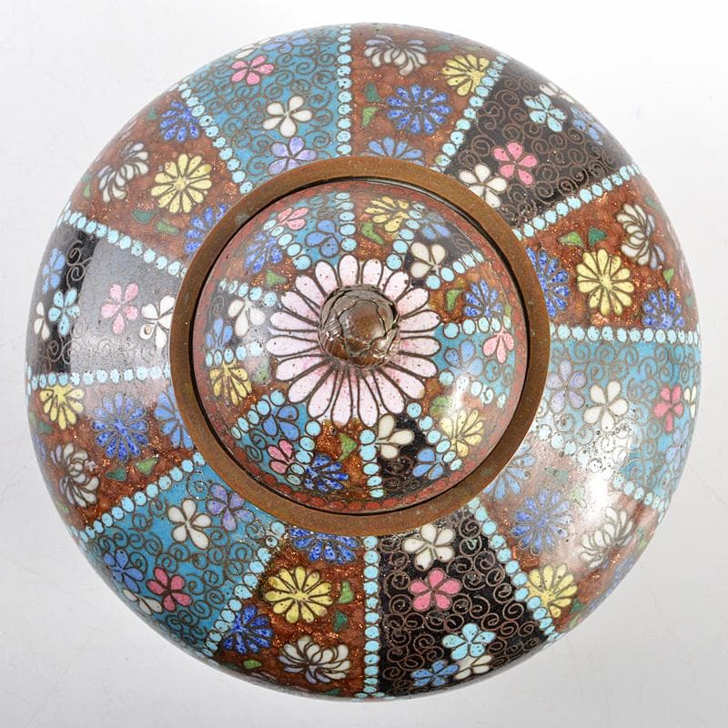 中国　古七宝琺瑯彩　花文　蓋物　D　R5798