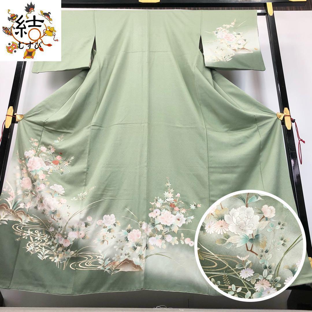 MK-1433 付下げ 汕頭刺繍 刺繍 流水に花模様 金彩 金糸 灰緑色