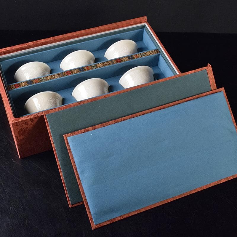 中国　徳化窯白磁　印刻　双龍文　煎茶碗　六客　V　8129E