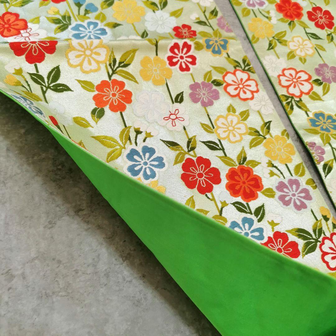 【お花畑】レアなグリーン カラフルお花畑な 贅沢 唐織 袋帯