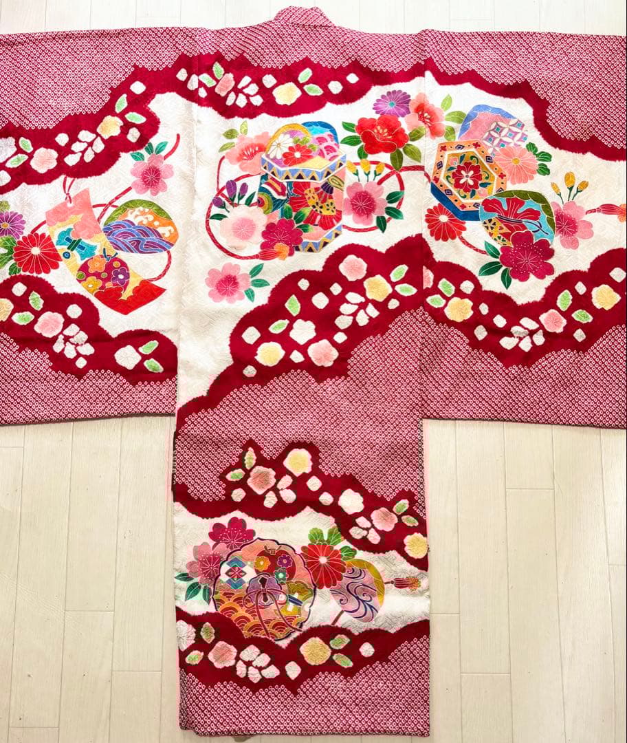 七五三　正絹　絞り　友禅　着物　被布　3歳　一つ身　フルセット