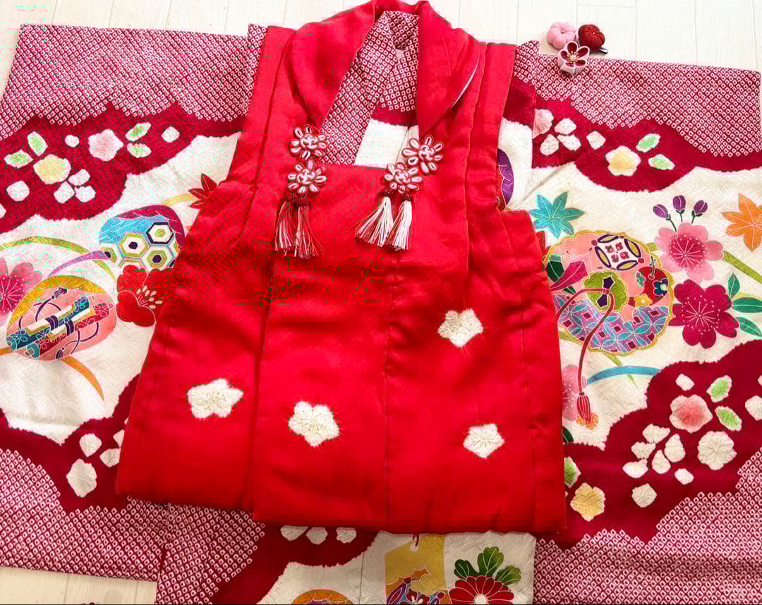 七五三　正絹　絞り　友禅　着物　被布　3歳　一つ身　フルセット