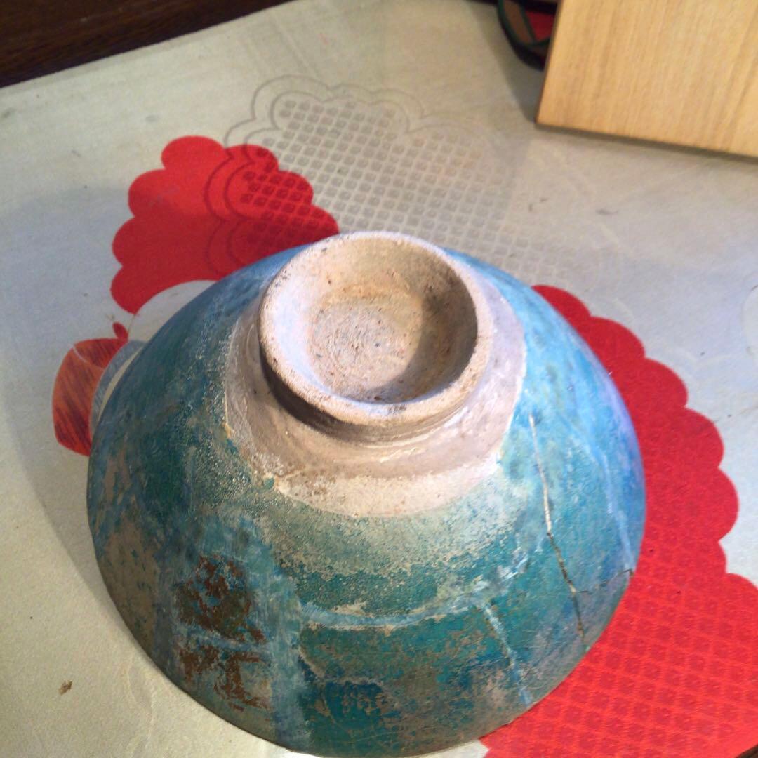 A767 ペルシャ古陶 古代波斯 青釉刻文黒線描　銀化鉢 発掘出土品（箱付）