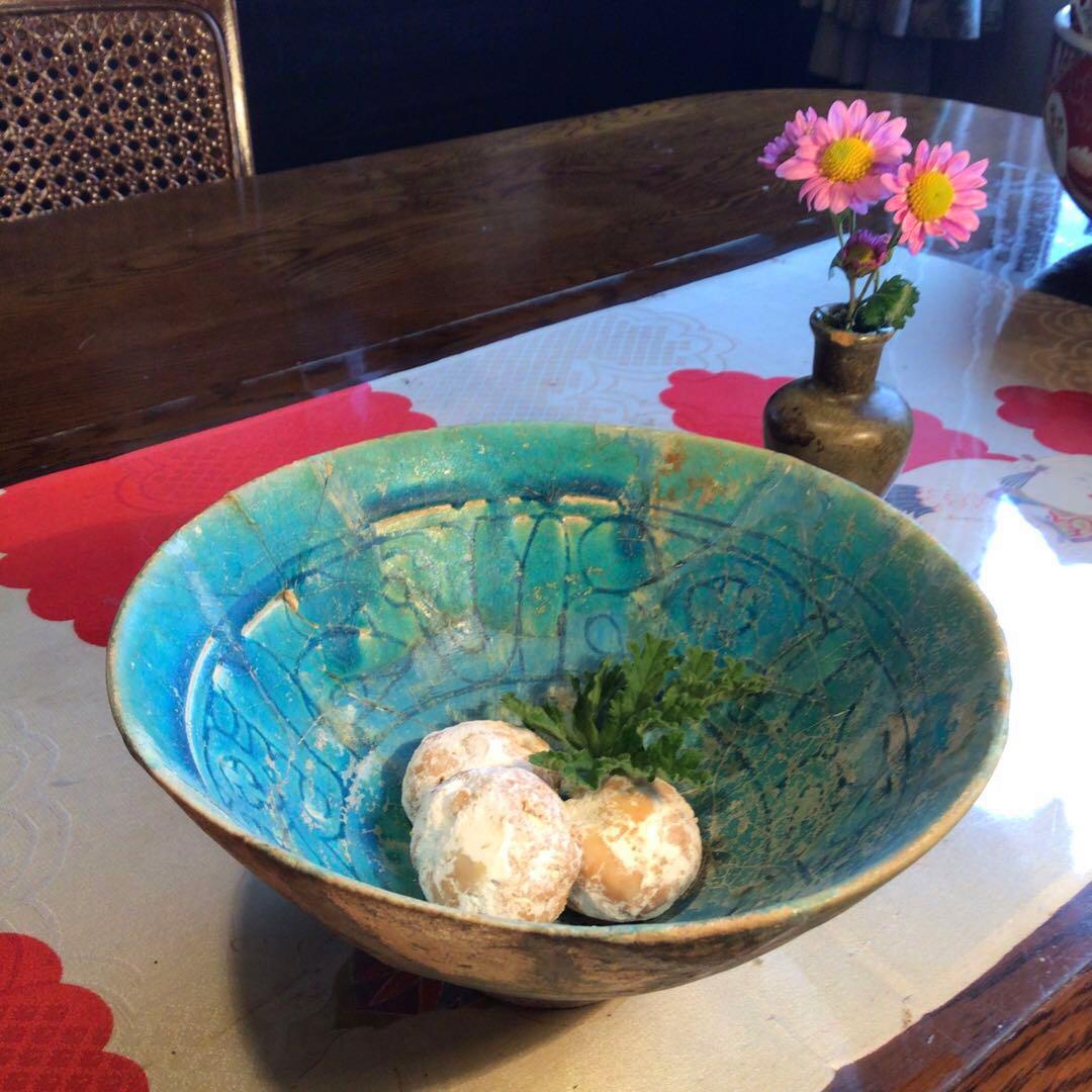 A767 ペルシャ古陶 古代波斯 青釉刻文黒線描　銀化鉢 発掘出土品（箱付）