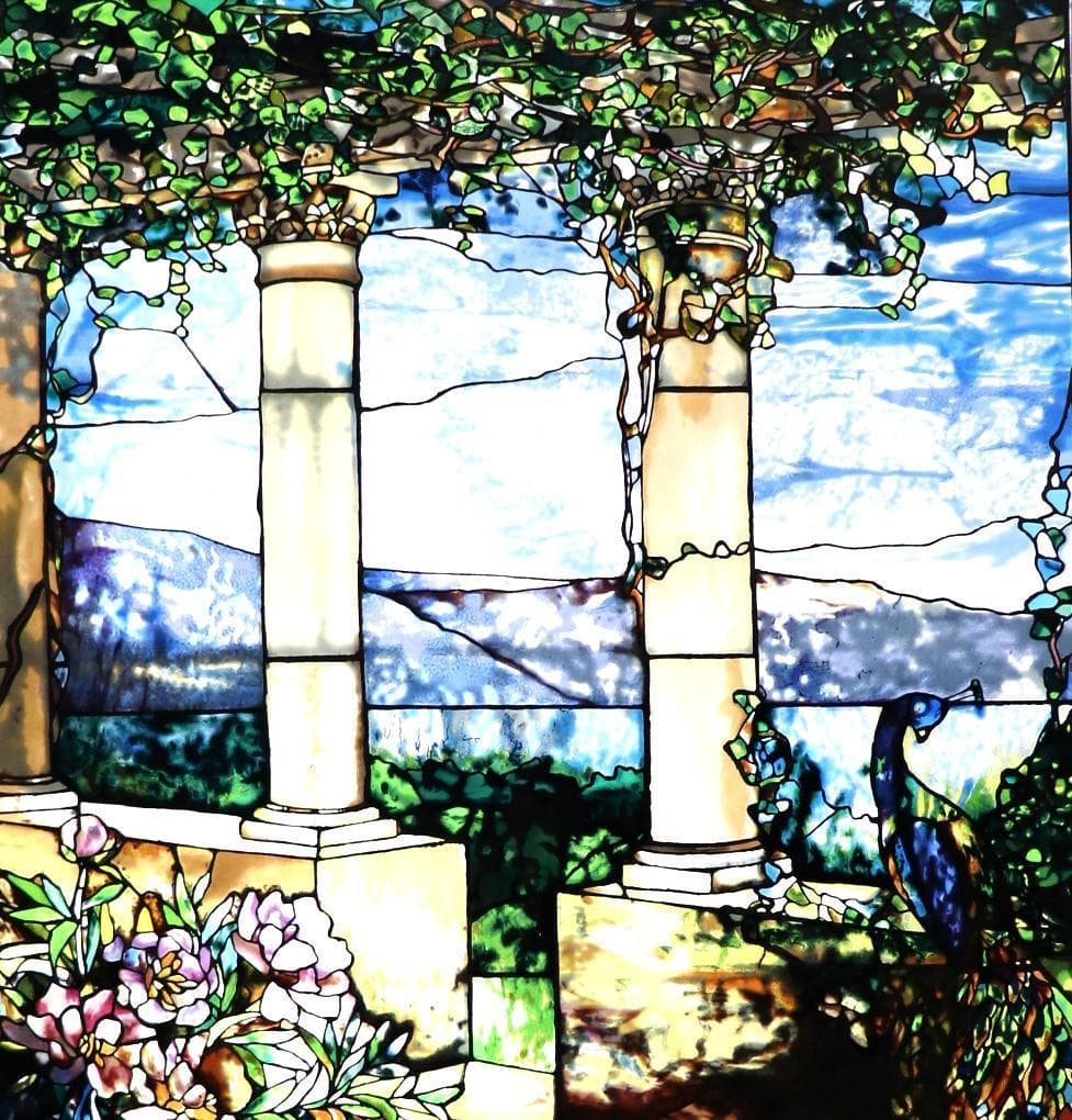 孔雀と牡丹の華の風景 ルイス・C・ティファニー ヴィンテージ ステンドグラス