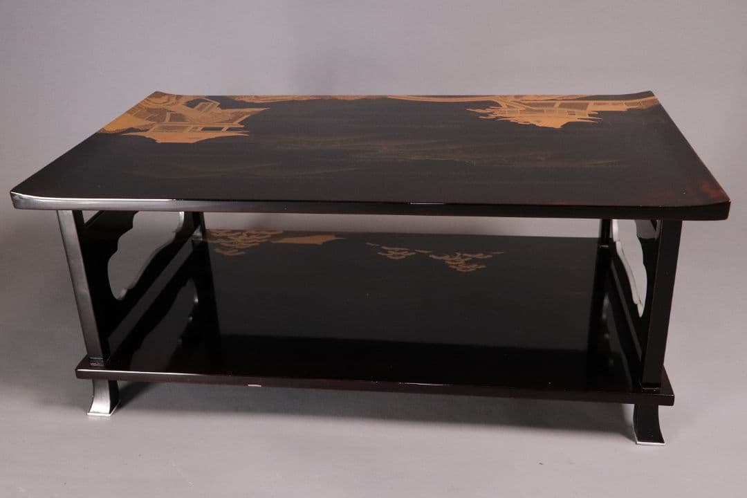 輪島塗 久世宗春 山水金蒔絵 冠卓 二段卓 花台 黒塗 天然木【MA366】