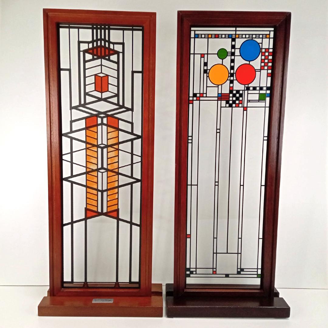 フランクロイドライト ステンドグラス木製枠２枚パレード＆ロビー邸グラスマスターズ