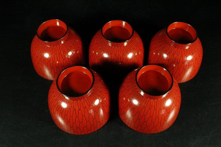 茶道具 網の絵 吸物椀 五客 塗師 宗哲 共箱 古美術(K-YC551)
