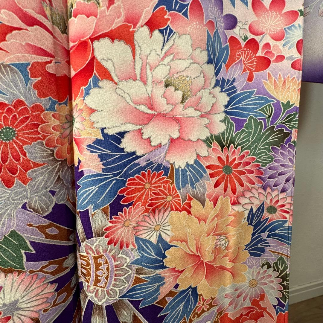 超美品　現代　振袖　成人式　着物　正絹　163裄67 ピンク　紫　パステル