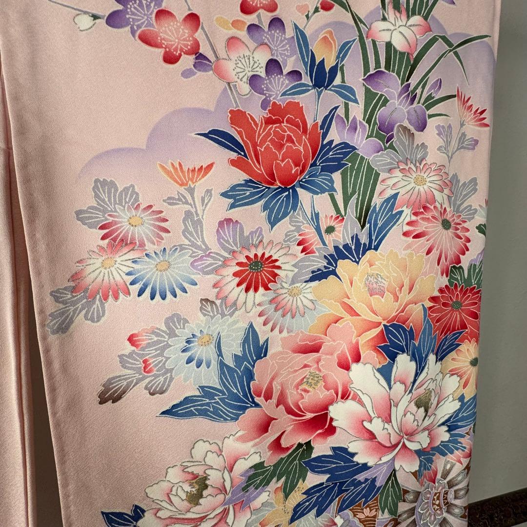 超美品　現代　振袖　成人式　着物　正絹　163裄67 ピンク　紫　パステル