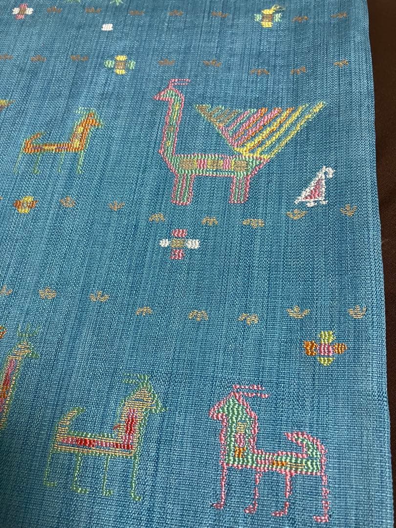 正絹　洒落袋帯 西陣織　異国情緒の可愛らしい動物文様／キリム調　青