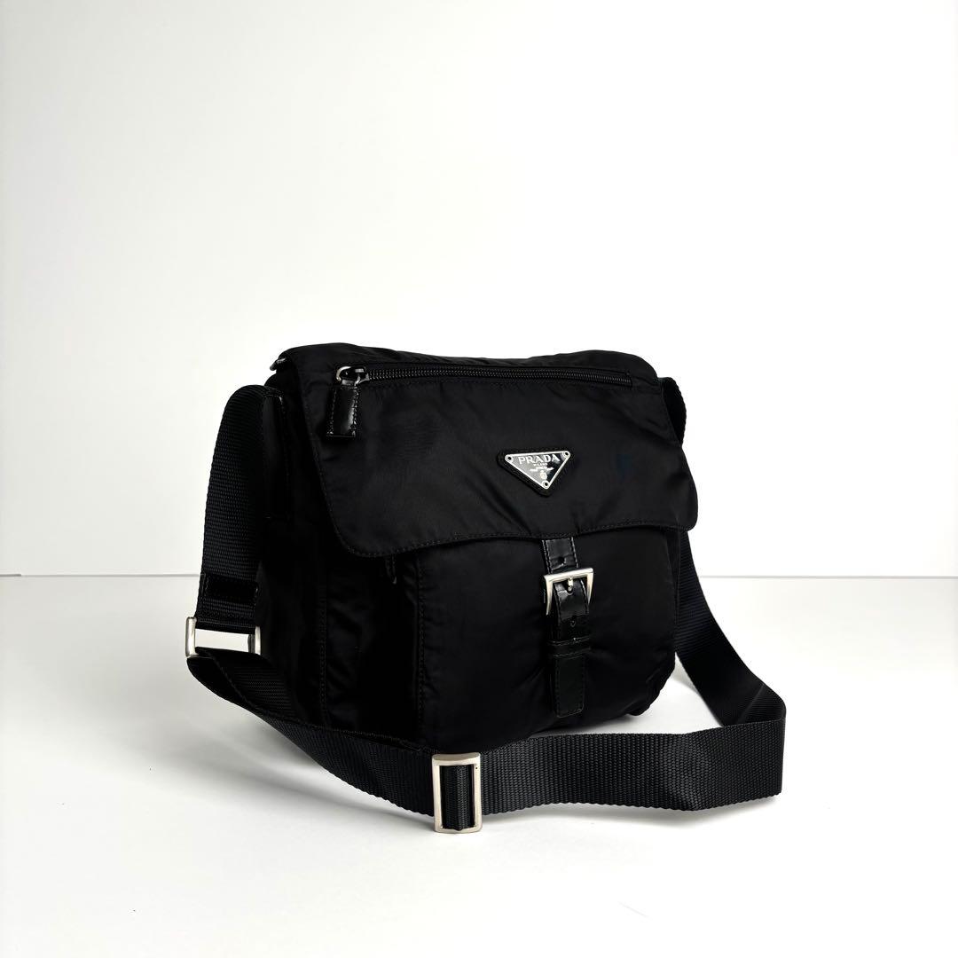 極美品 PRADA プラダ ショルダーバッグ テスートナイロン レザー ブラック