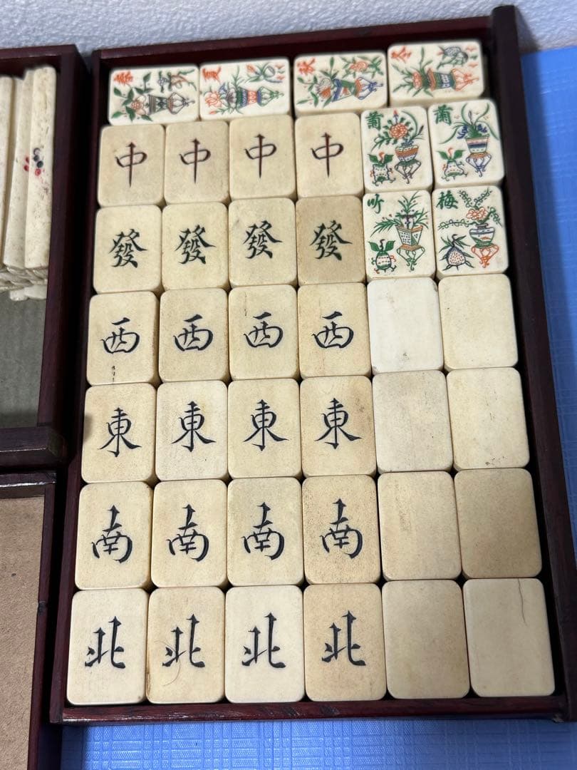 時代 骨製背竹牌 麻雀牌 欠牌無し 花牌 季節牌 草木牌 旧式点棒 古点棒 唐物