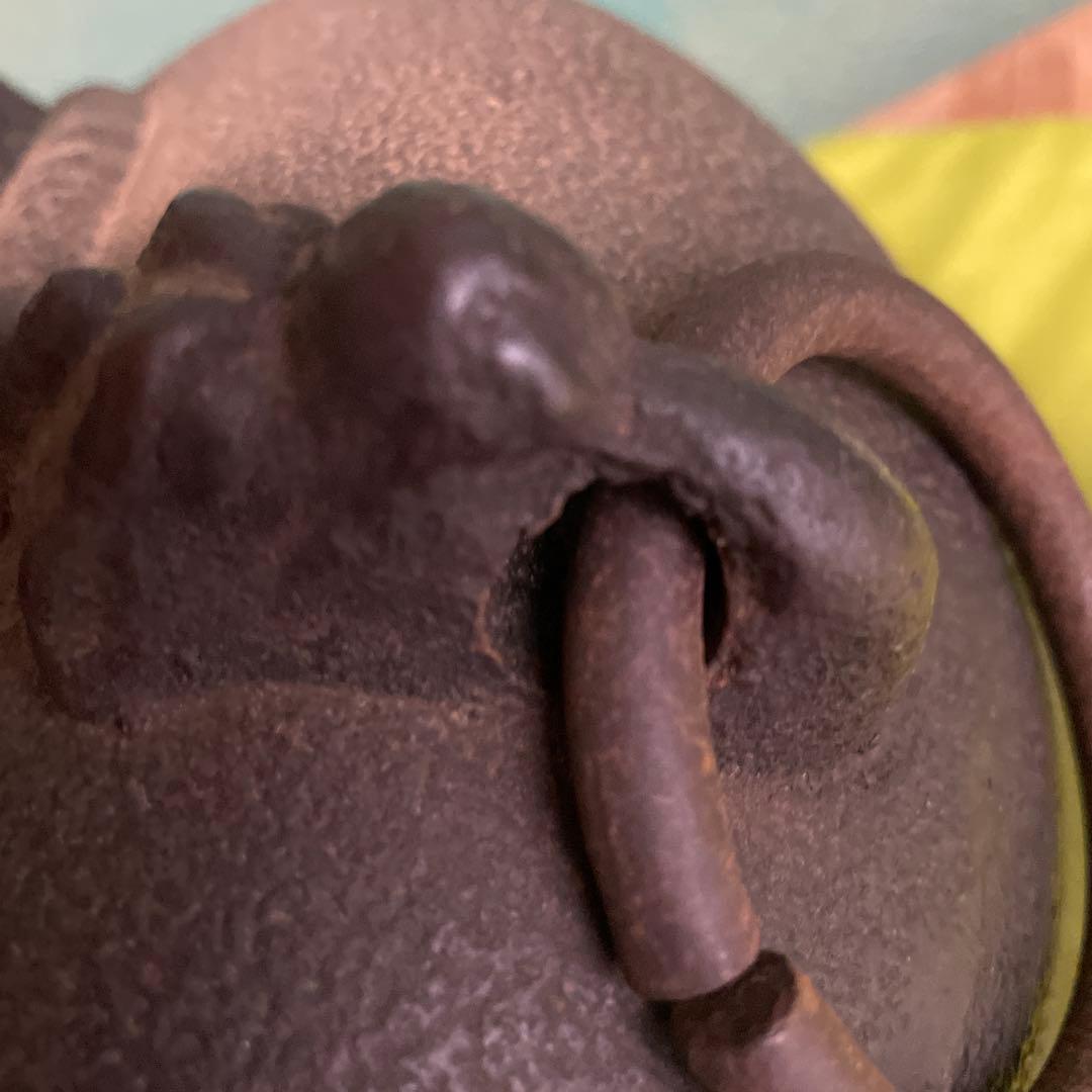 鉄製茶釜 網目模様 丸型フタ付き 長期保管品