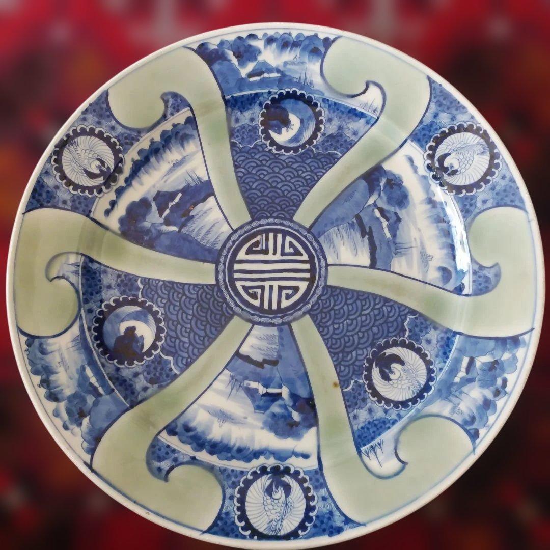 希少　珍品　 古伊万里 有田官窯　青磁染付大皿　特大皿　口径約44cm　有田焼