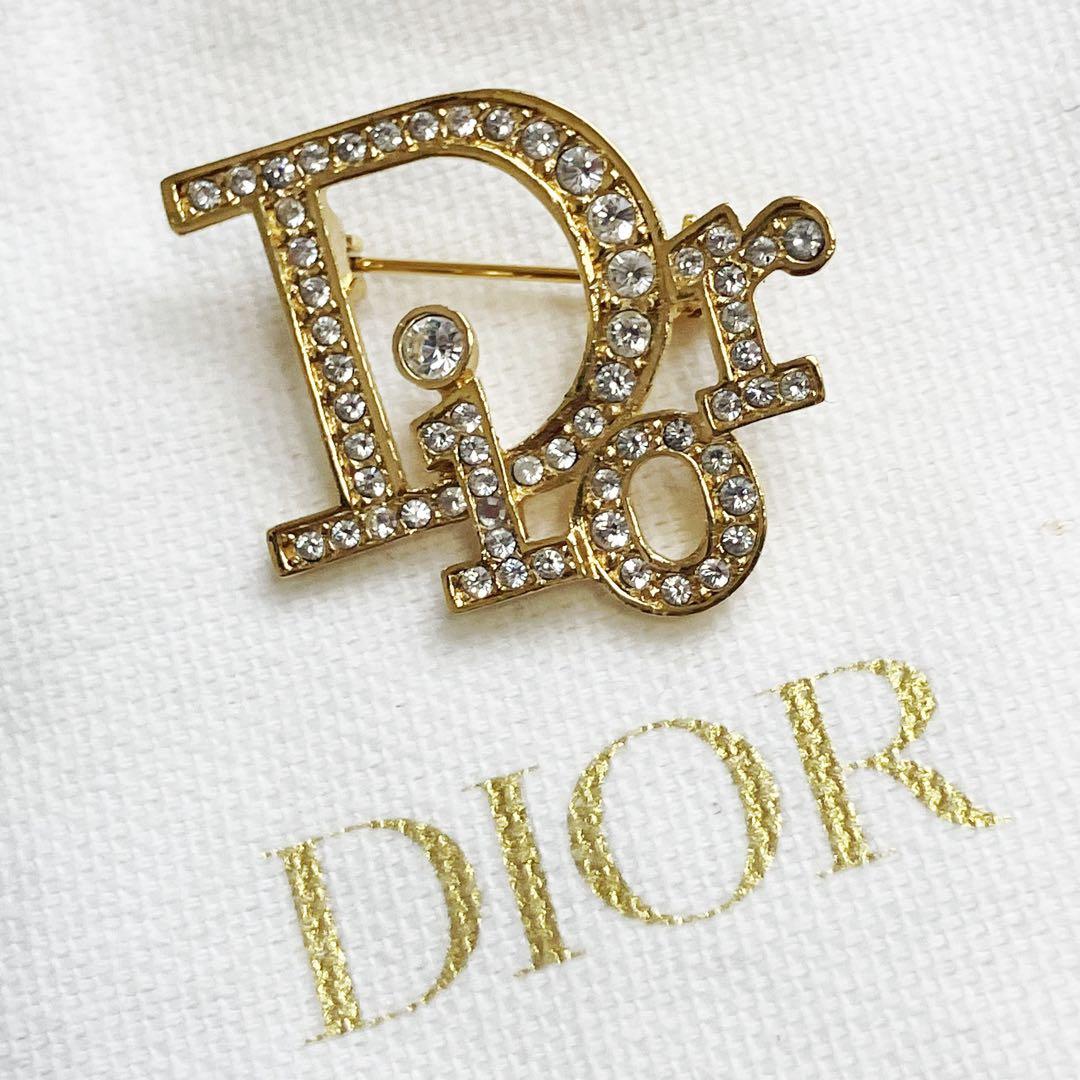 美品　クリスチャン　ディオール　ブローチ　ブランドロゴ　ラインストーン　ゴールド