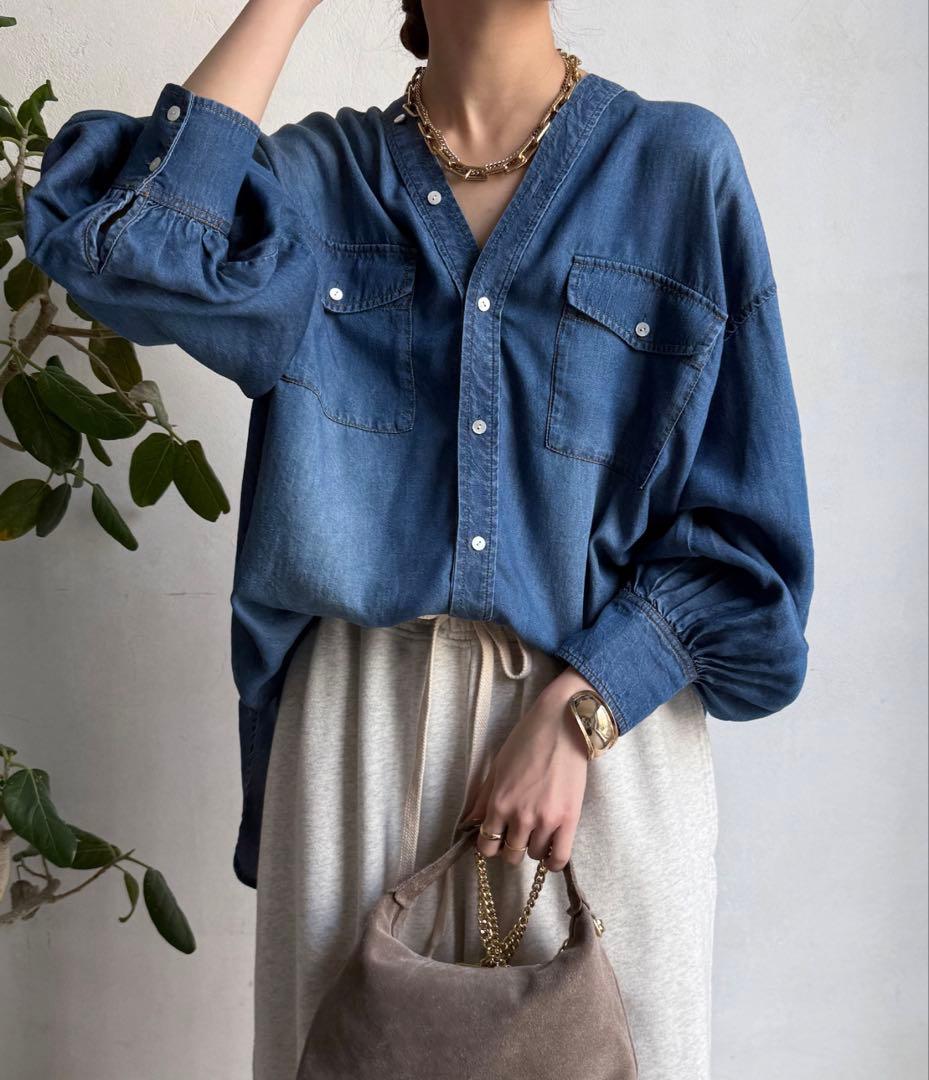 DOUDOU ドゥドゥ デニムVVシャツ Vネックシャツ デニムシャツ