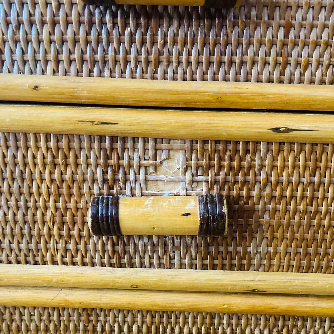 ヴィンテージ ラタン 籐 ワイド ローチェスト 棚 10杯 テレビ台 昭和レトロ