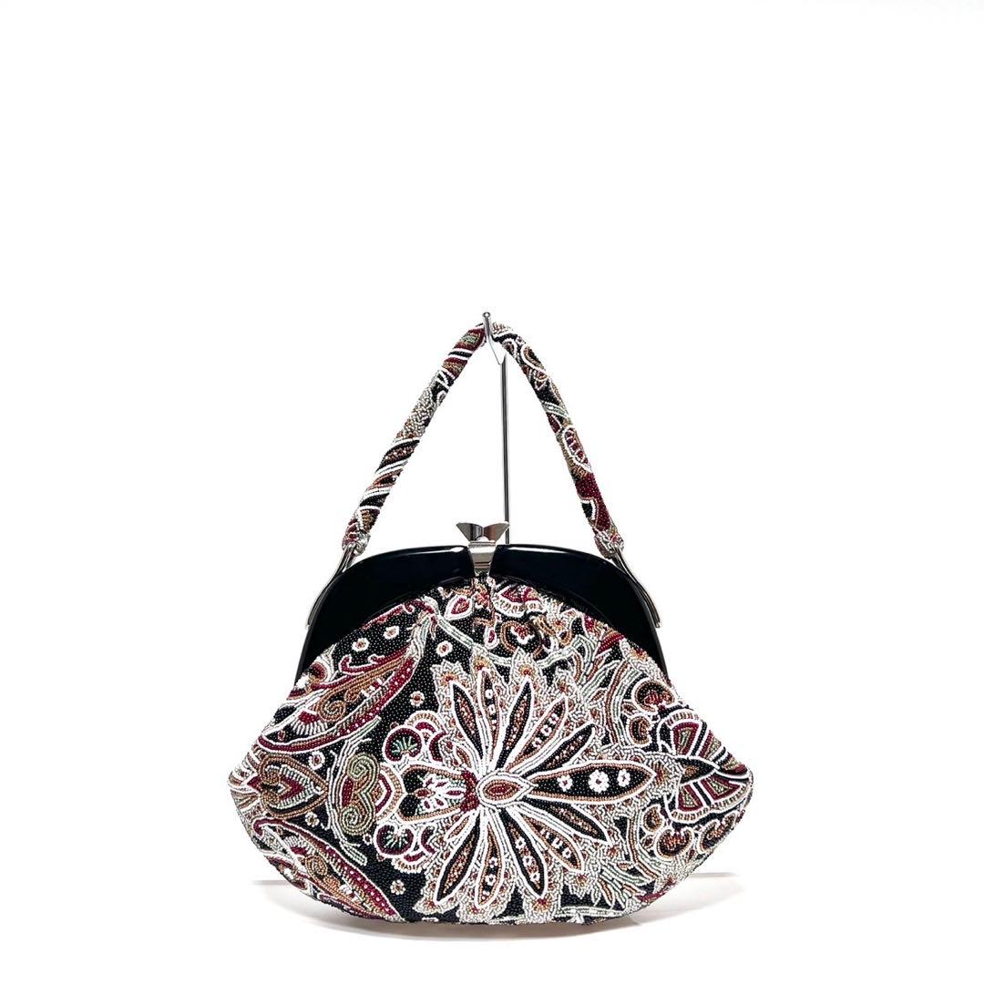 【美品】KUJAKUDO/ビーズ総刺繍/総柄/がま口/ビーズバッグ ハンドバッグ