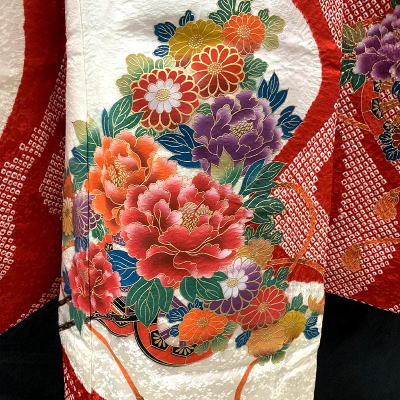 512ag35□七五三 七歳 女児 着物&袋帯 花車 絞染め 白赤□状態良好