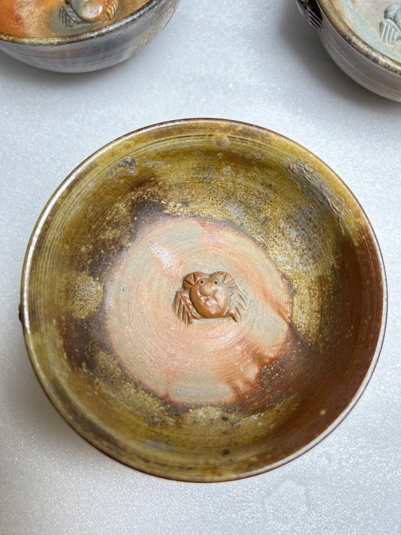 備前焼　盃　お猪口　小西陶古造　窯変細工浮彫 『蟹』　4個セット