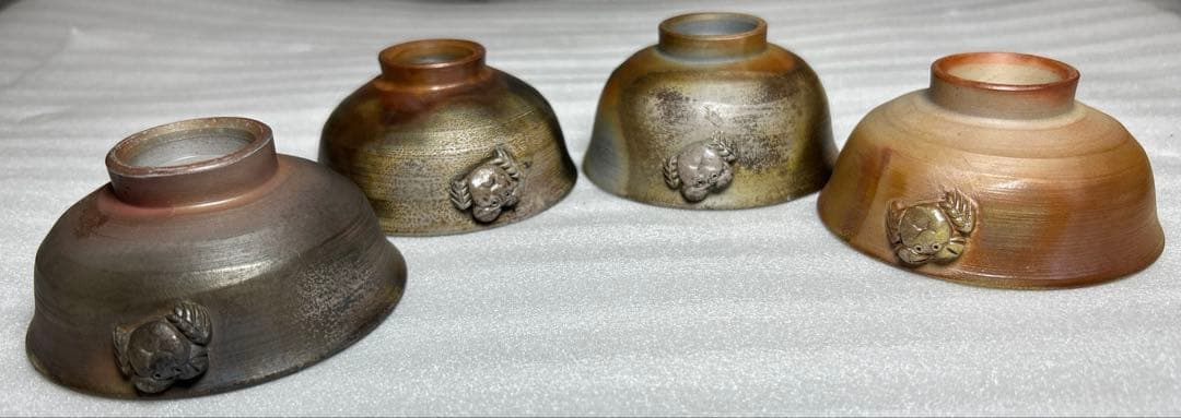 備前焼　盃　お猪口　小西陶古造　窯変細工浮彫 『蟹』　4個セット