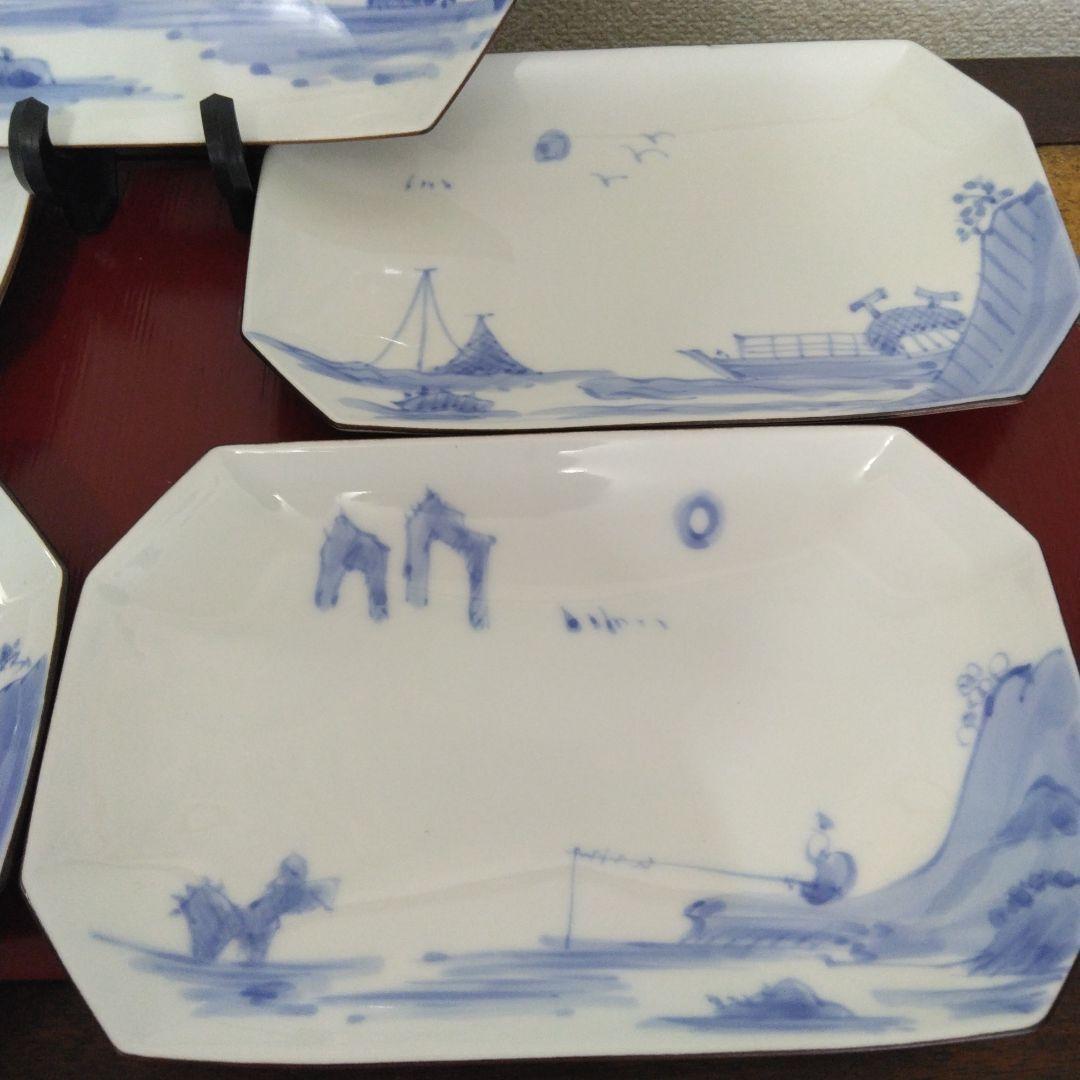 深川製磁　百年庵　染付山水　絵変わり　焼物皿　長角皿　5枚組