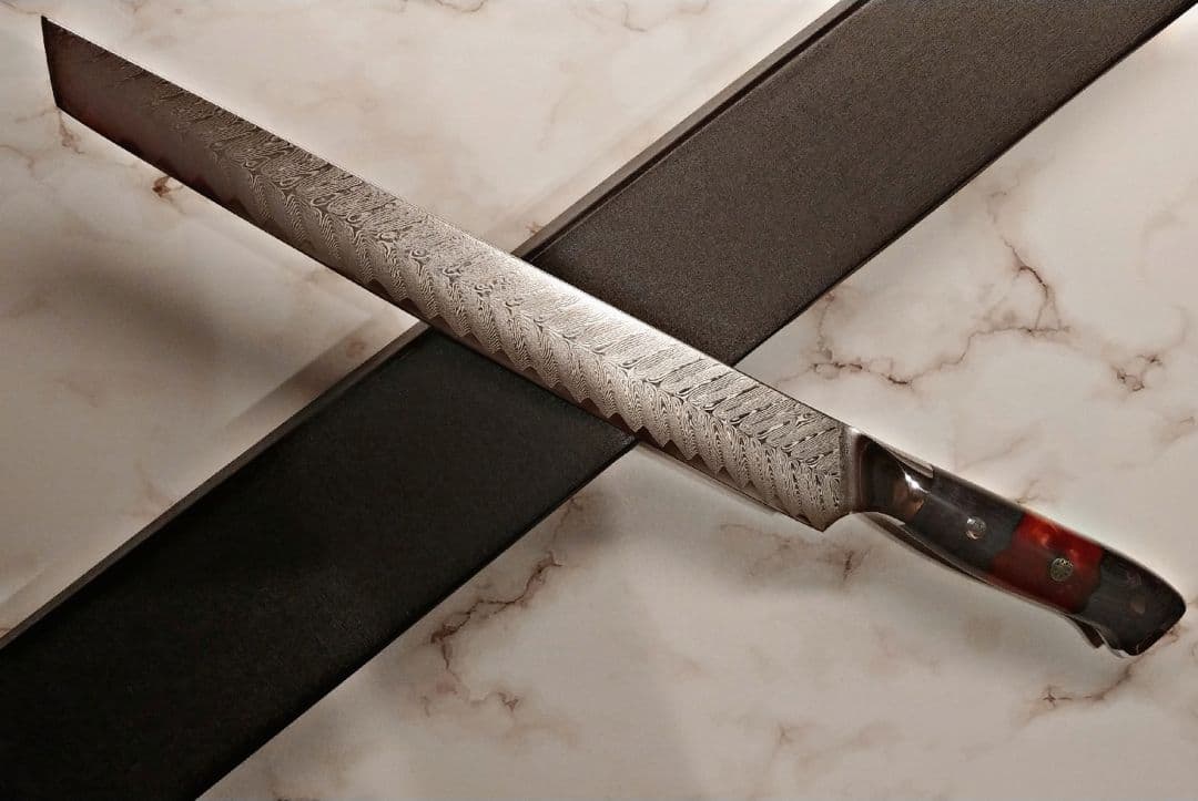 刺身包丁VG10　73層ダマスカス鋼　先丸　筋引き　両刃　柳　刺身　包丁　赤柄