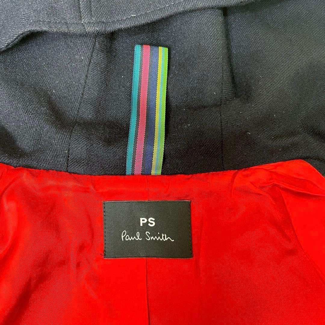 【美品】ピーエスポールスミス ウールコート フーディ ストライプ L 黒 赤