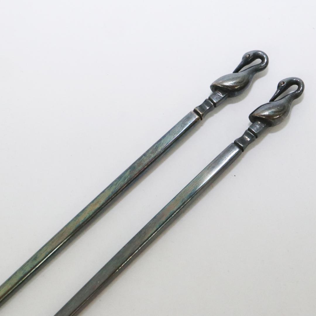 純銀鶴頭香箸 一望斎銘　共箱・共袋　長谷川一望斎造　純銀保証 高級香具