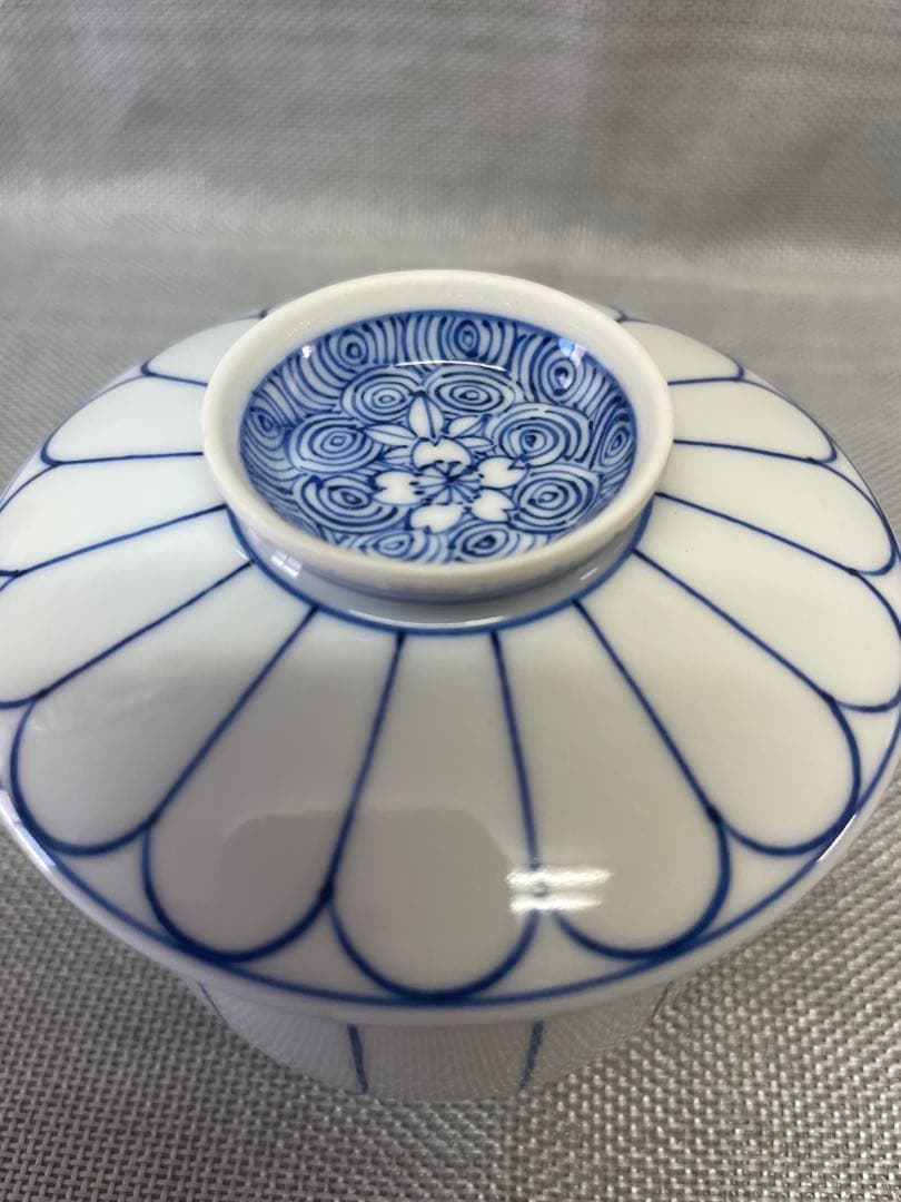 新品　京都　清水焼　蒸茶碗　5客　染付菊割雲錦　平安　陶峰　蓋付き椀