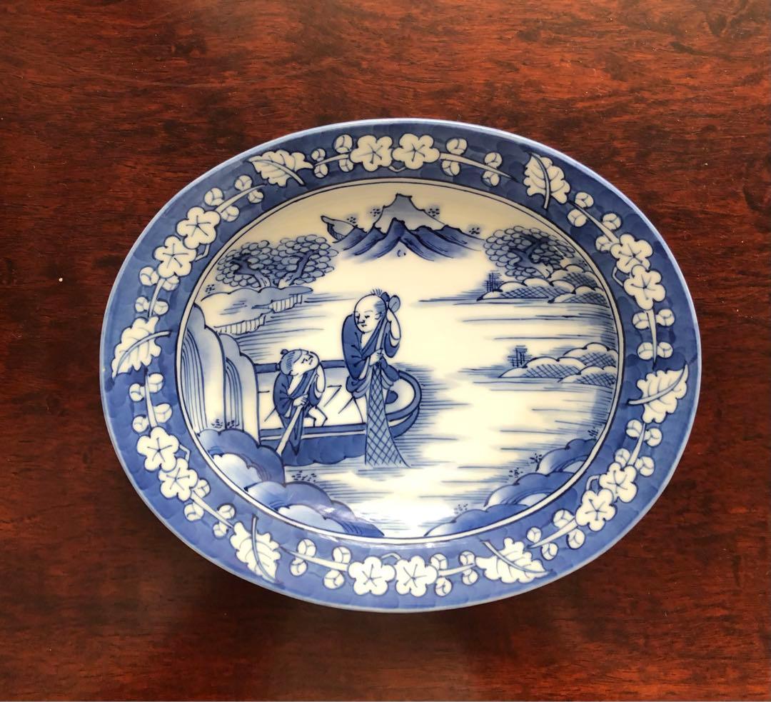 三川内焼　平戸祥山　手彩染付山水　舟に人物　5枚組