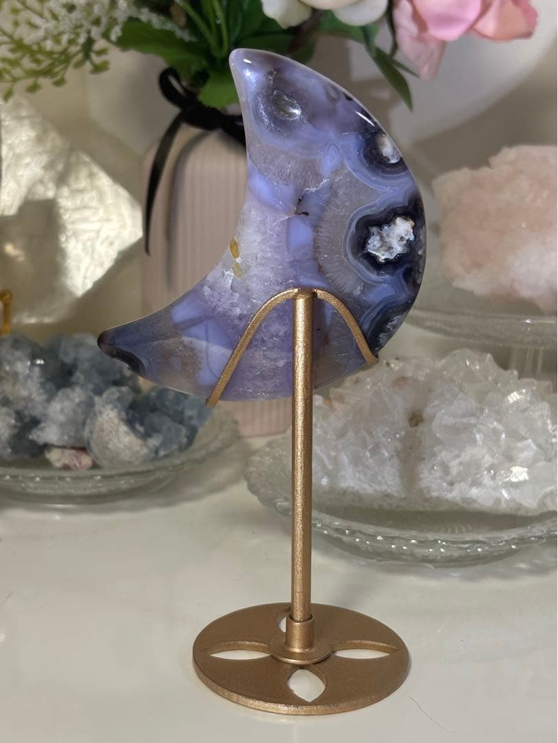 高品質　ブルーフラワーアゲート　ブルー桜瑪瑙　月　ムーン　スタンド付き