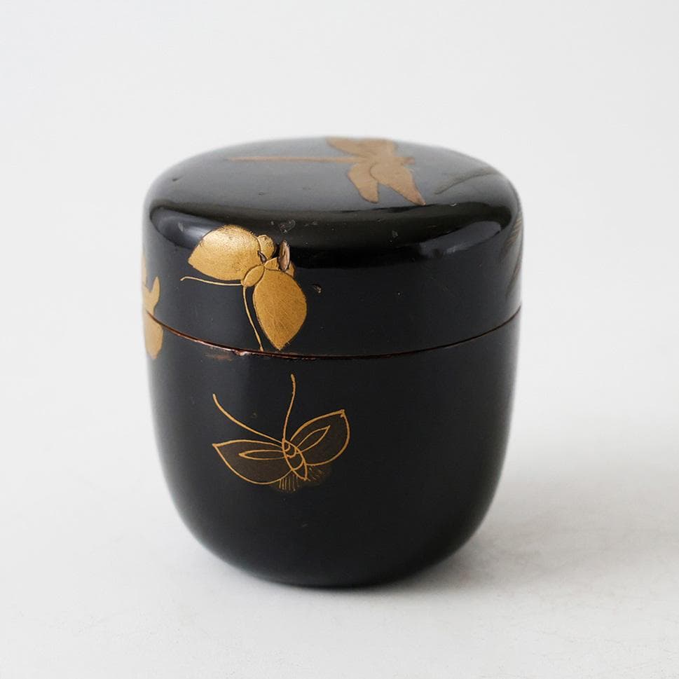 時代 輪島塗 木製 黒塗 棗 蜻蛉 蝶金蒔絵 勝虫 茶道具 漆器 漆芸