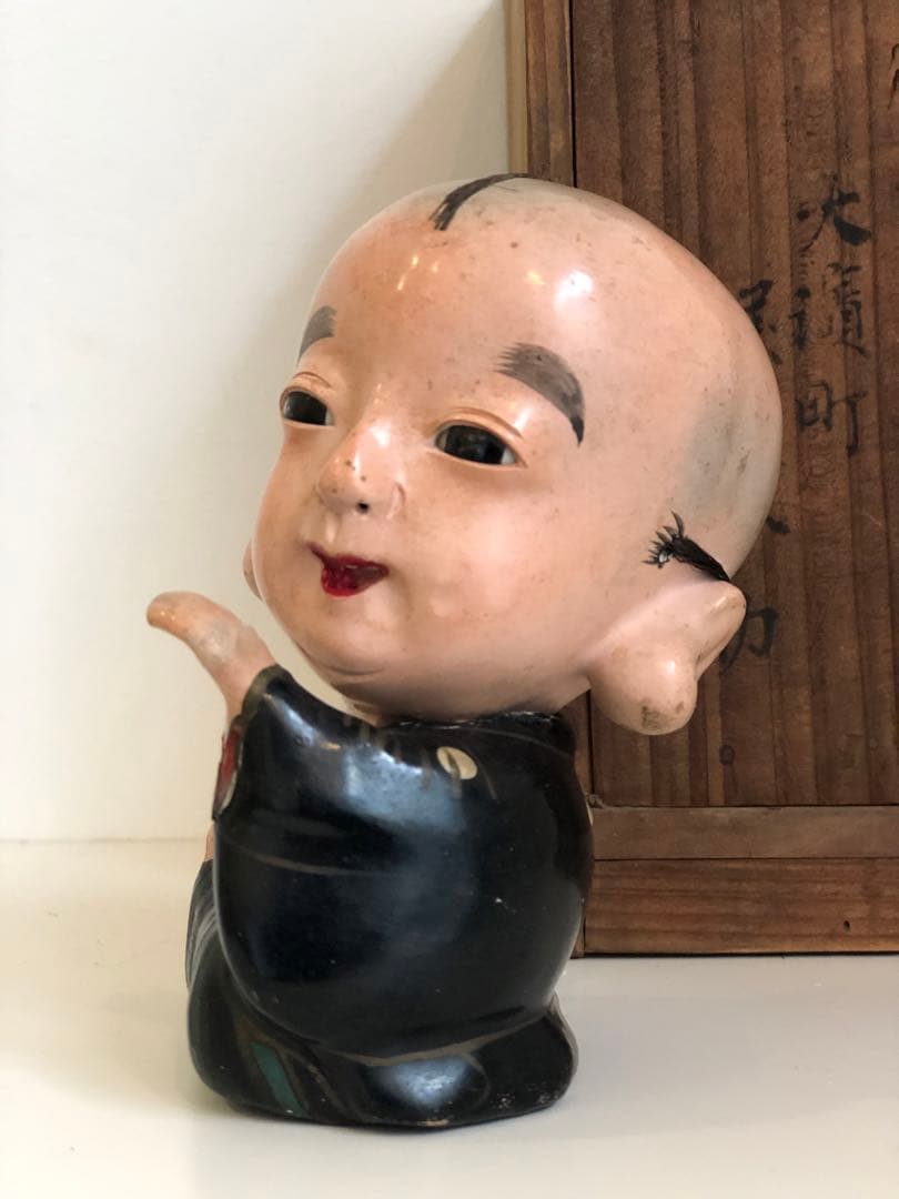 大正5年　福助人形　胡粉仕上げオープンマウス　骨董品　首動人形 インテリア　置物