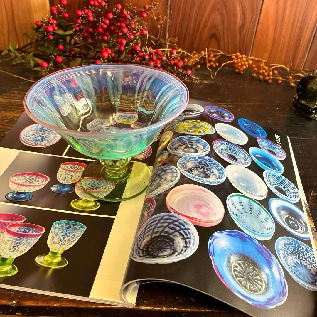 骨董　時代ガラス　希少　若草色　乳白色暈し　桃色千段巻き　氷コップ　ウラン