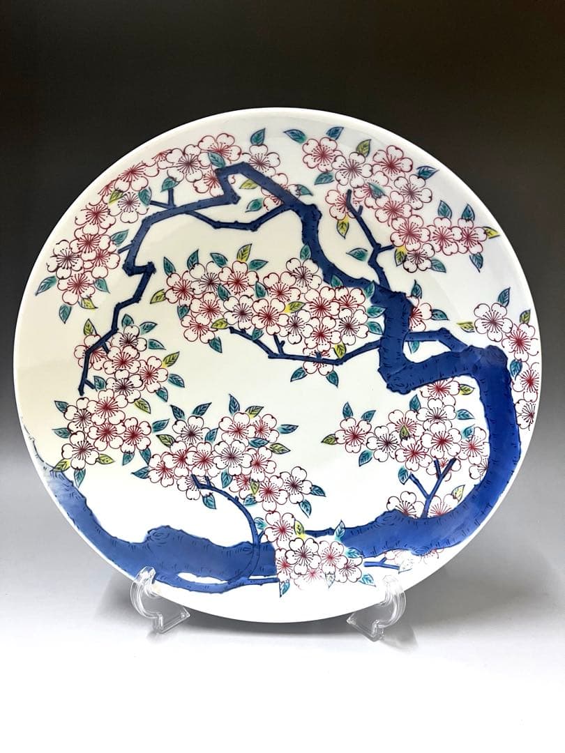 E688 色鍋島高台皿揃 大皿 船津彩雲 鍋島焼 桜文 共箱付き