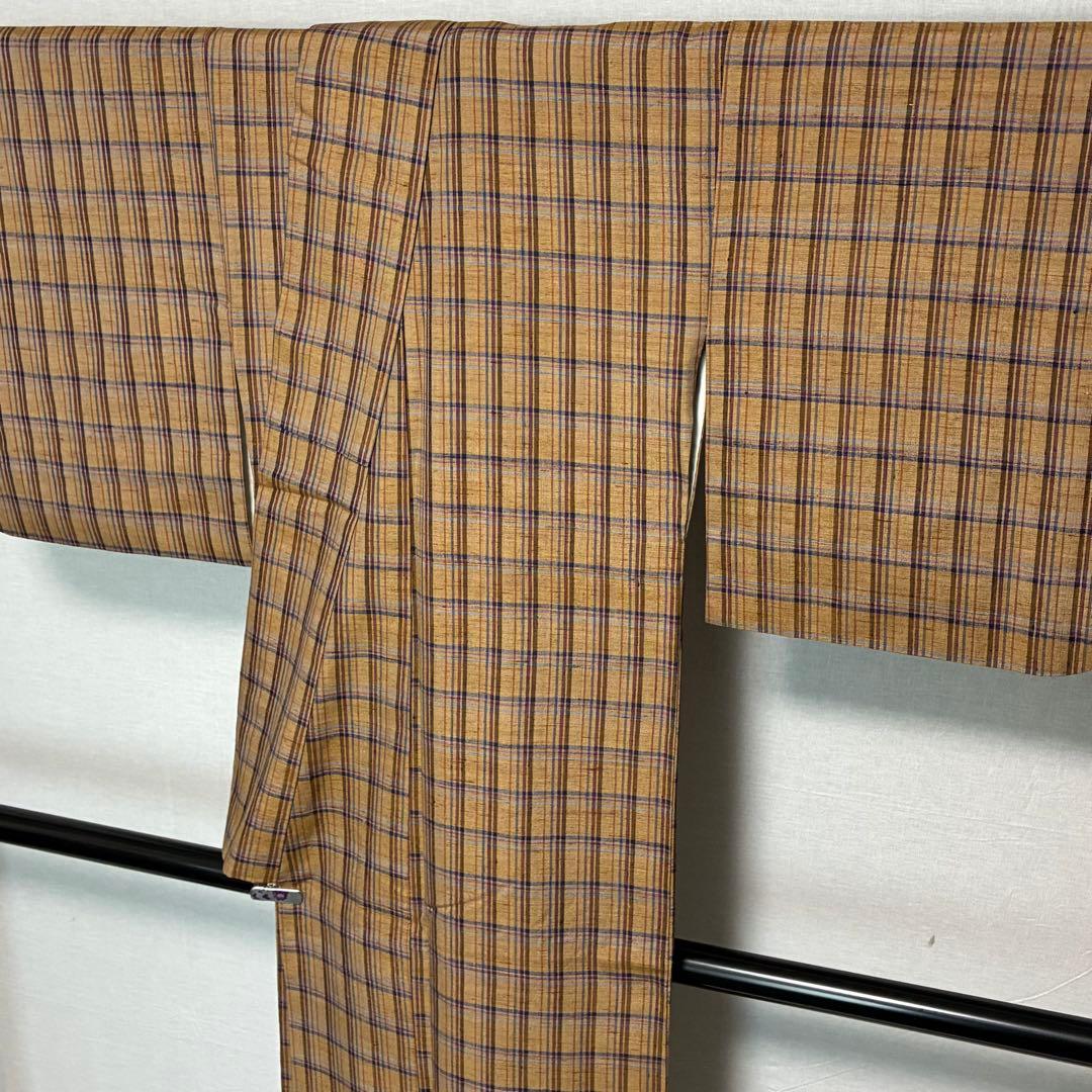 D152 郡上紬　格子柄　チェック　正絹　着物　袷　極美品
