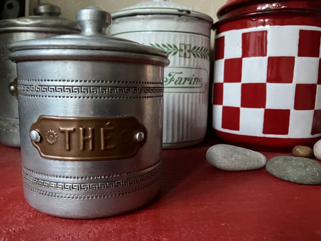 1930年代アルミキャニスター6缶セット　真鍮ラベル　フランスビンテージ