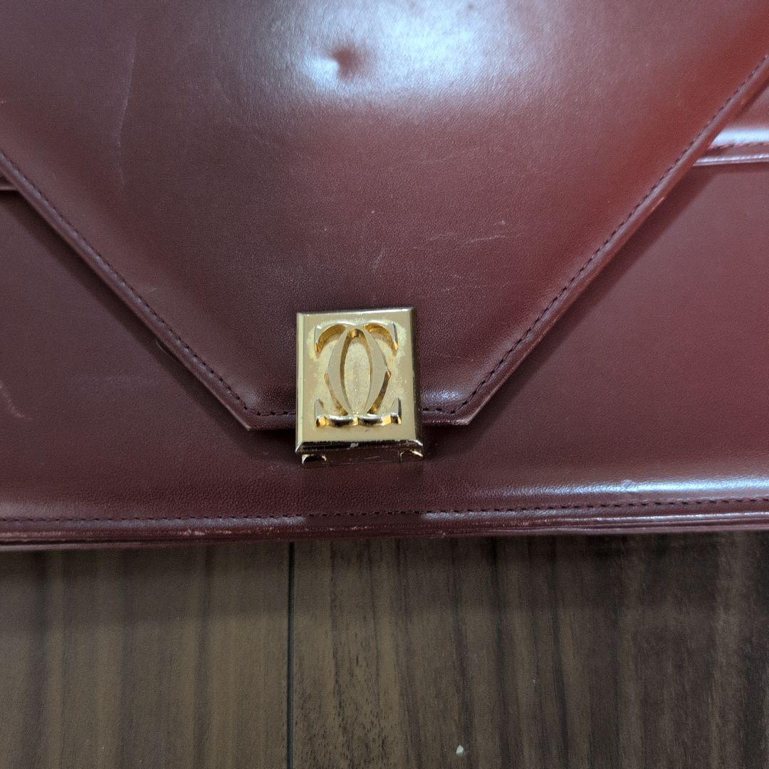 カルティエ　フランス　バーガンディ レザー ショルダーバッグ