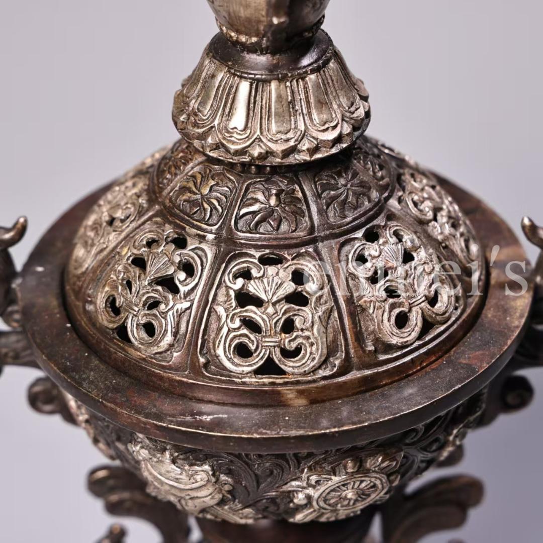 中国古美術・錾刻鎏銀 吉祥八宝鳳耳香炉セット・純銅製・高浮彫・熏香爐・仏具・置物