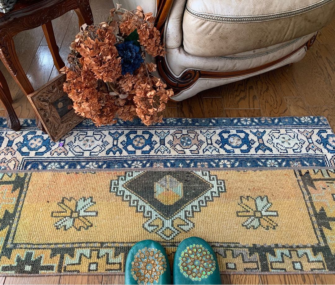 トルコヴィンテージラグ　マスタードイエロー115cm×52cm トルコラグ